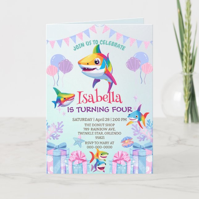 Fun rainbow shark birthday balloon party Family  Invitation (Front)