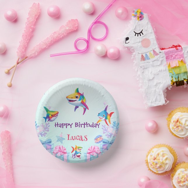 Fun rainbow shark birthday balloon party Family  Paper Plate (Party)