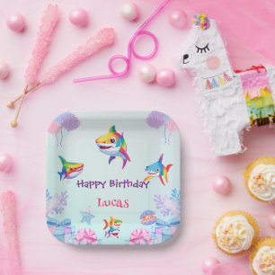 Fun rainbow shark birthday balloon party Family  Paper Plate