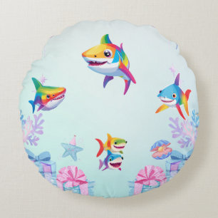 Fun rainbow shark birthday balloon party Family  Round Cushion