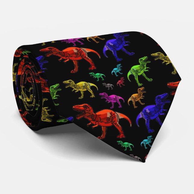 Fun Rainbow T-Rexs Black Men's Tie (Rolled)
