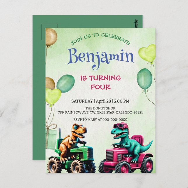 Fun Rawr dinosaur tractor truck balloon Birthday Postcard (Front/Back)