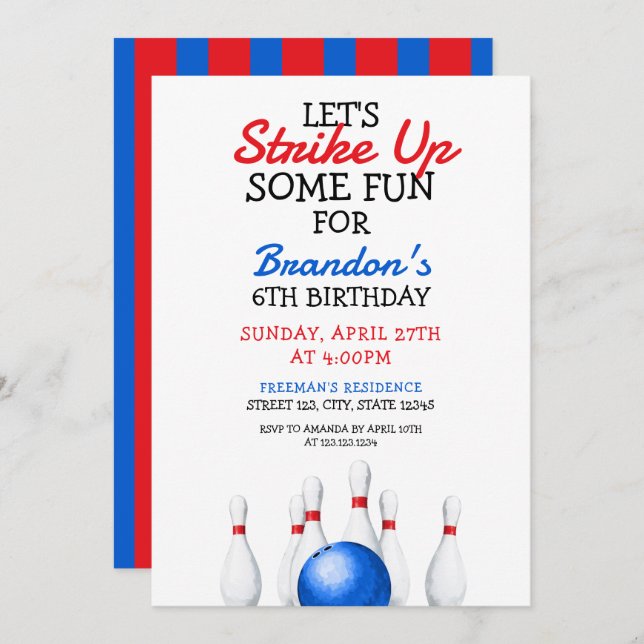 Fun Red and Blue Bowling Kids Birthday Invitation (Front/Back)