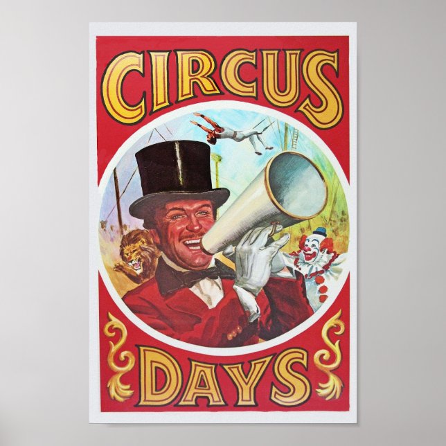 Fun red and gold circus poster with writing on it (Front)