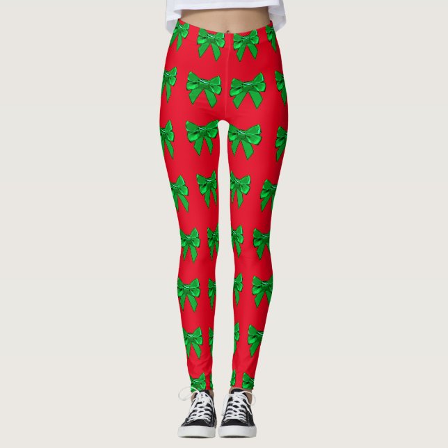 Fun Red and Green Bow Christmas Leggings (Front)