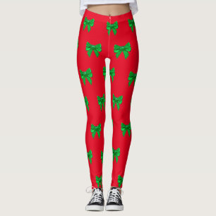 Fun Red and Green Bow Christmas Leggings
