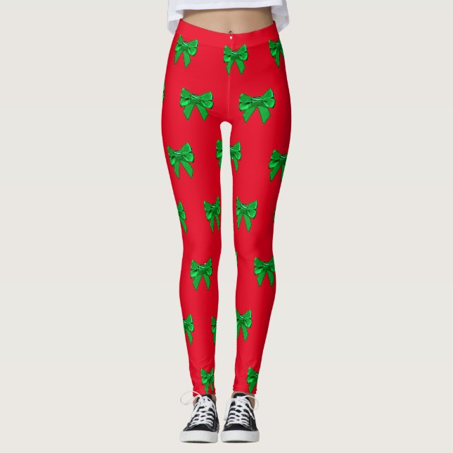 Fun Red and Green Bow Christmas Leggings (Front)