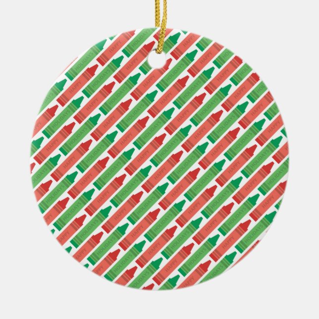 Fun Red and Green Holiday Crayon Pattern Ceramic Ornament (Front)