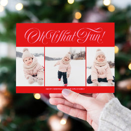 Fun red and pink Christmas card with three photos