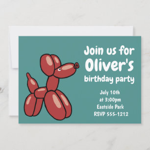 Fun, red balloon animal dog design invitation