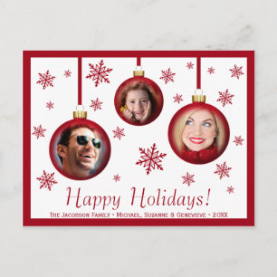 Fun Red Baubles & Snowflakes 3 Photo Holiday Postcard