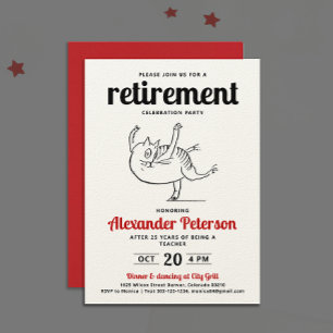 Fun Red Black White Cartoon Cat Dance Retirement Invitation
