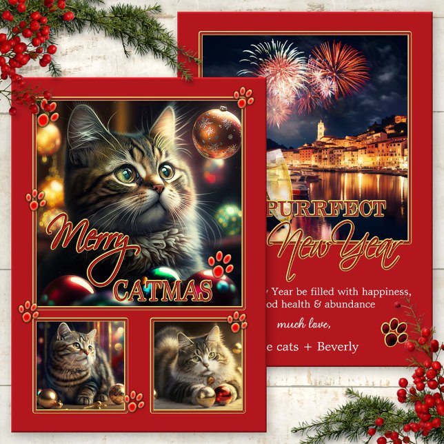 Fun Red Cat Photo Christmas New Year Card (Fun red Catmas and New Year card with your photos or images of cats playing with Christmas balls)