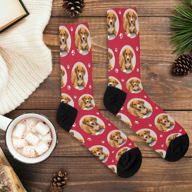 Fun Red Custom Dog Photo Paw Print Socks (Creator Uploaded)