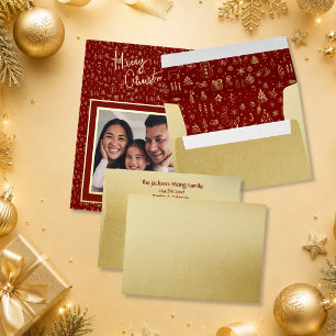 Fun Red Doodle Family Photo Merry Christmas Card Envelope