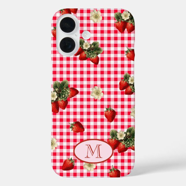 Fun Red Gingham Strawberries Custom Monogram Case-Mate iPhone Case (Back)