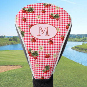 Fun Red Gingham Strawberries Custom Monogram Golf Head Cover
