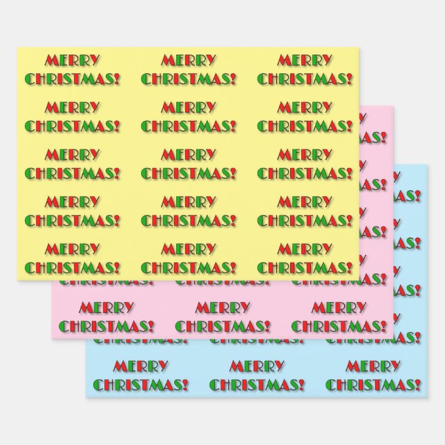 Fun Red & Green Art Deco Style "MERRY CHRISTMAS!" Wrapping Paper Sheet (Set)