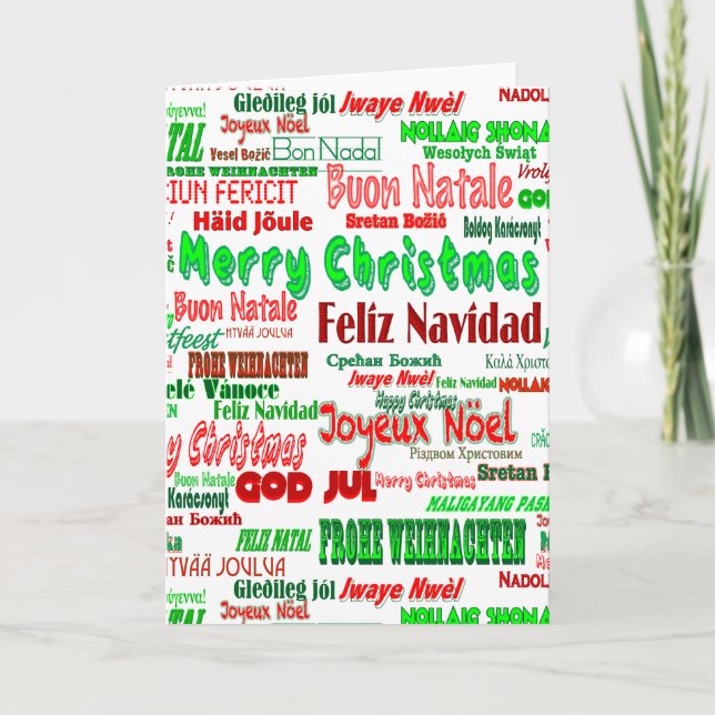 Fun Red Green Merry Christmas in Many Languages Holiday Card (Front)
