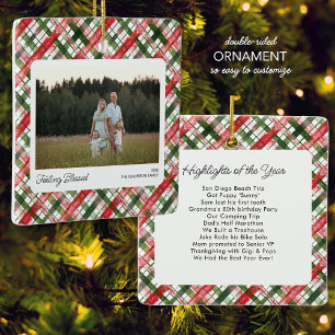 Fun Red Green Plaid Check Christmas Photo Custom Ceramic Ornament