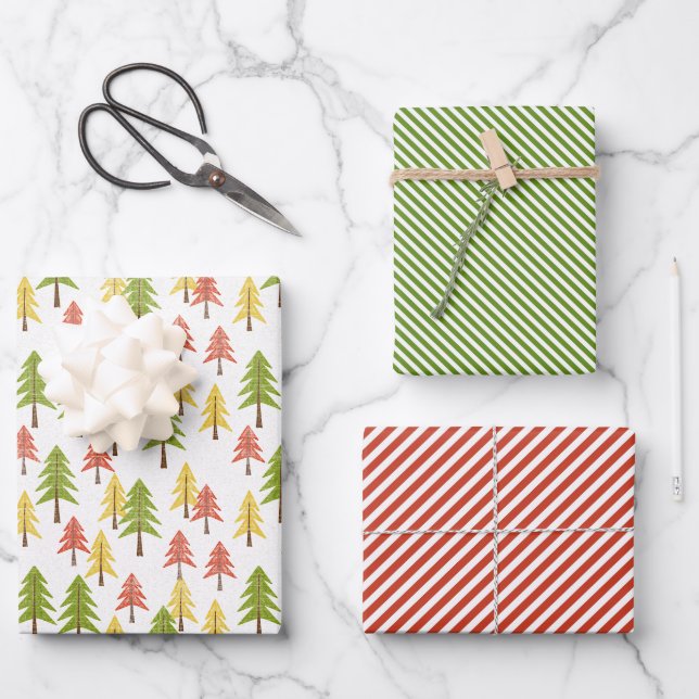 Fun Red Green Yellow Abstract Pine Tree Pattern Wrapping Paper Sheet (Front)