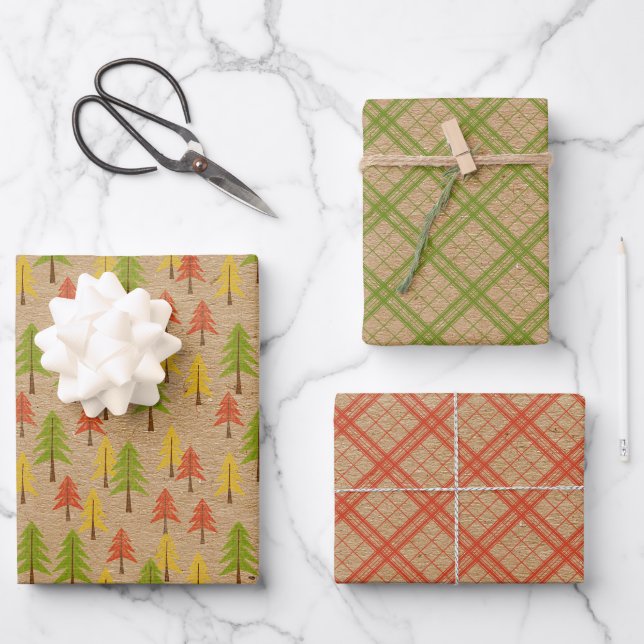 Fun Red Green Yellow Abstract Pine Tree Pattern Wrapping Paper Sheet (Front)
