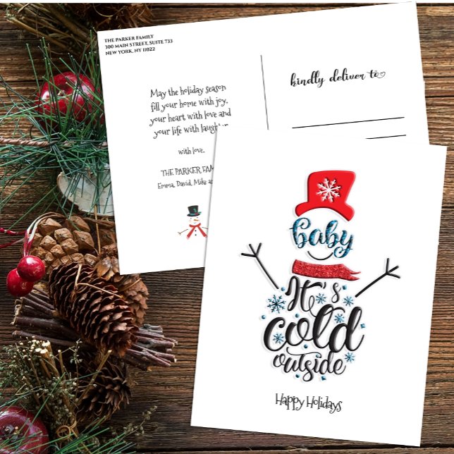 Fun Red Hat Snowman Baby It Cold Outside Whimsical Holiday Postcard (Creator Uploaded)