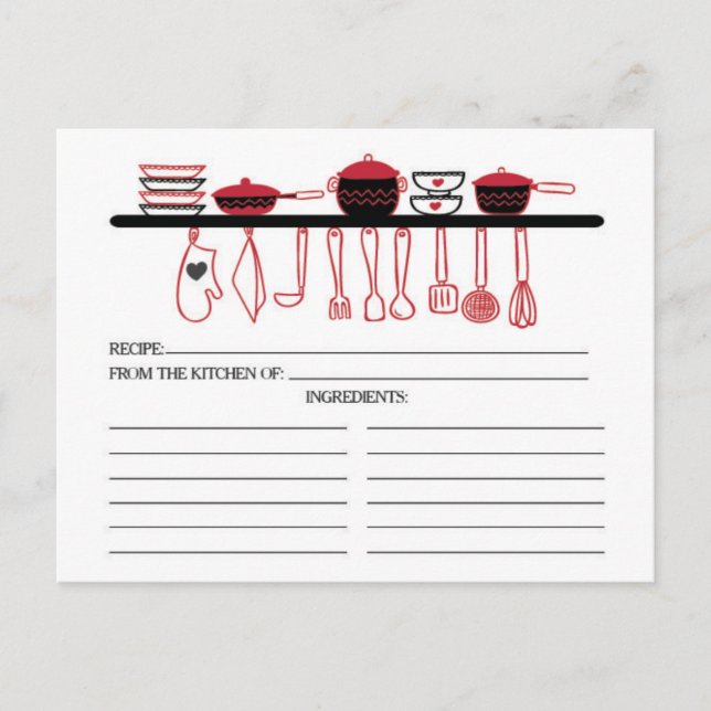 Fun Red Kitchen Gadgets Bridal  Recipe Cards (Front)