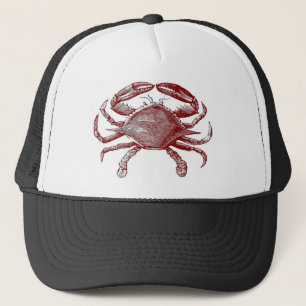 Fun Red Pencil Sketch Crab with Coastal Party Vibe Trucker Hat