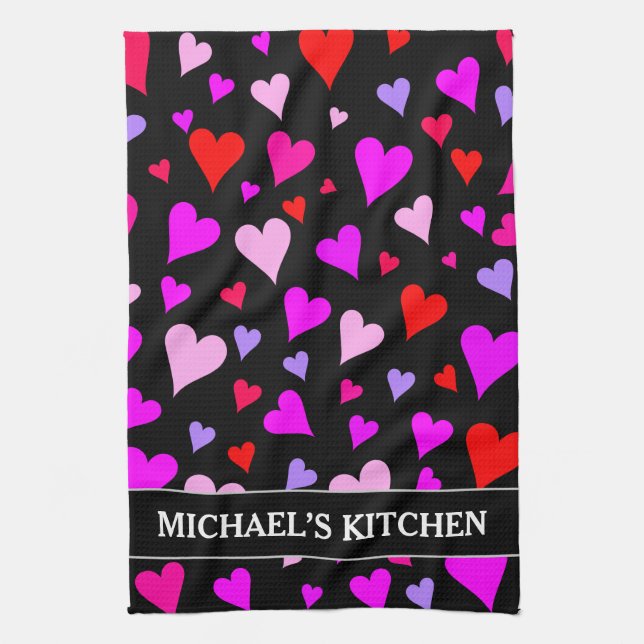 Fun Red, Pink, Purple & Magenta Hearts Pattern Tea Towel (Vertical)