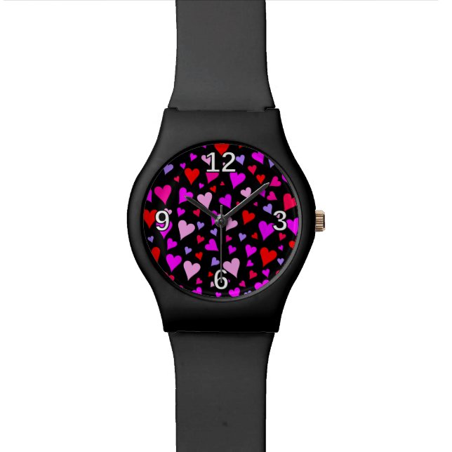 Fun Red, Pink, Purple & Magenta Hearts Pattern Watch (Close Up)
