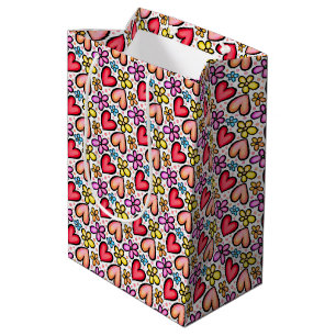 Fun Red Salmon Hearts and colourful Flowers Medium Gift Bag