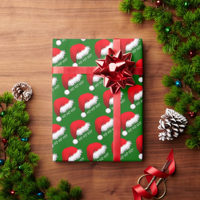 Fun Red Santa Claus Hat HOHOHO On Green Wrapping Paper (Holiday Gift)