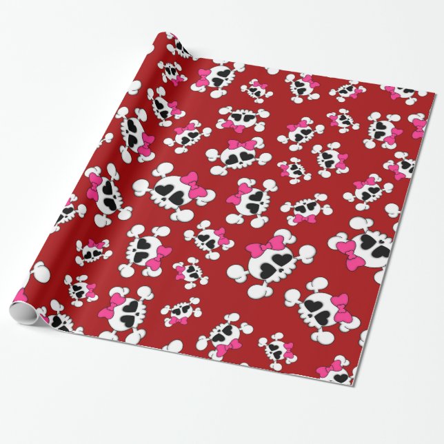 Fun red skulls and bows pattern wrapping paper (Unrolled)