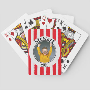 Fun Red Striped Family Photo Name Year Playing Cards