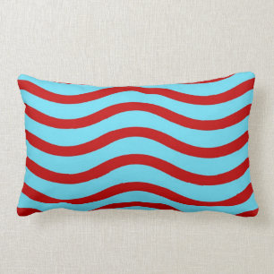 Fun Red Teal Turquoise Wavy Lines Stripes Pattern Lumbar Cushion