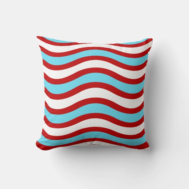 Fun Red Teal Turquoise White Wavy Lines Stripes Cushion (Front)