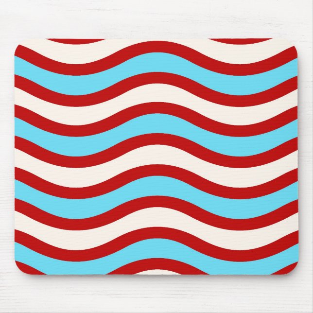 Fun Red Teal Turquoise White Wavy Lines Stripes Mouse Pad (Front)