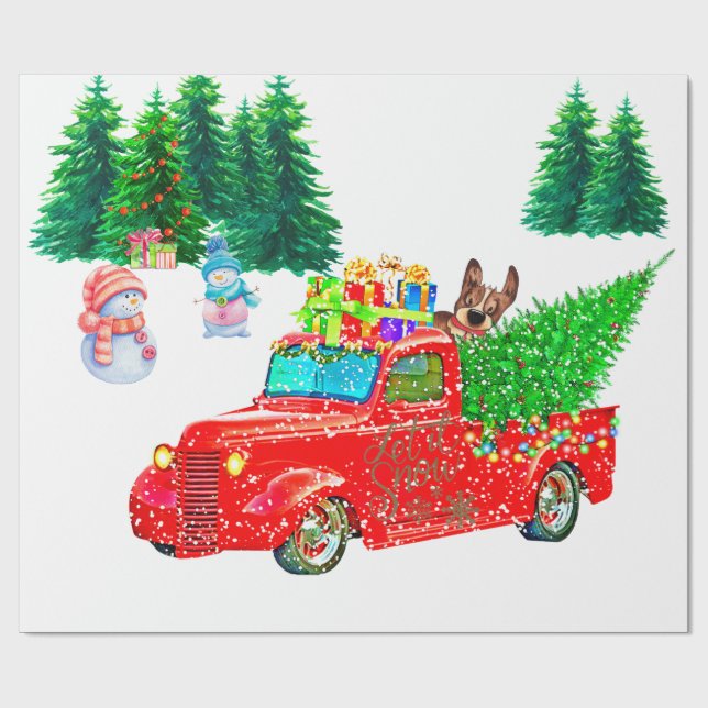 Fun Red Truck Snowmen, Dog Christmas Wrapping Paper (Flat)