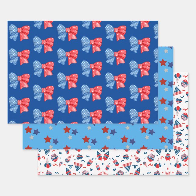 Fun Red White and Blue Designed  Wrapping Paper Sheet (Set)