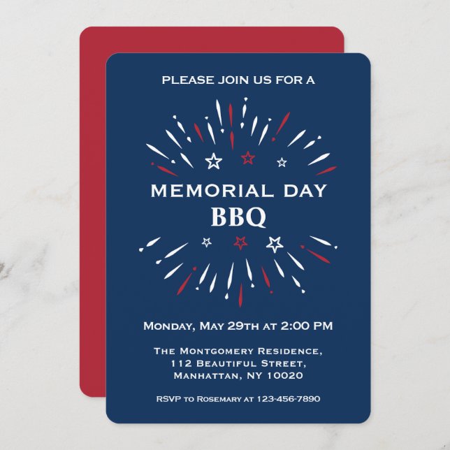 Fun Red White Blue Memorial Day BBQ Fireworks Invitation (Front/Back)