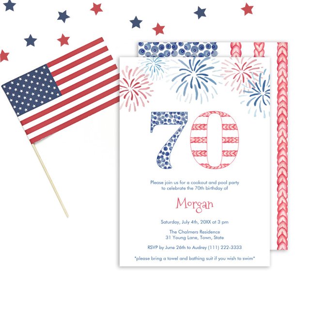 Fun Red White Blue Youthful 70th Birthday Party Invitation (A patriotic 70th birthday party invitation with a fun vibe promising a great time for all the family)