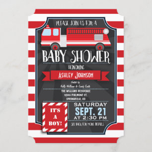 Fun, Red, & White Fire Truck Boy Baby Shower Invitation