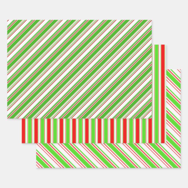 Fun Red, White, Green Christmas-Inspired Patterns Wrapping Paper Sheet (Set)