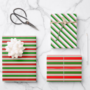 Fun Red, White, Green Christmas-Themed Lines Wrapping Paper Sheet