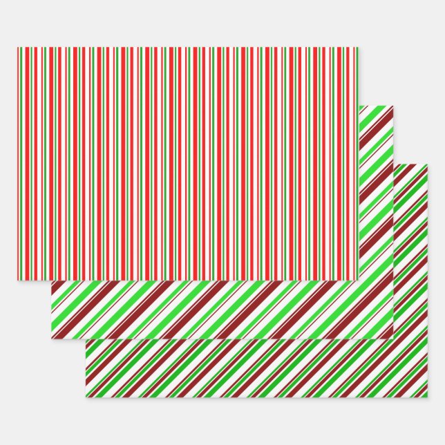 Fun Red, White, Green Christmas Themed Patterns Wrapping Paper Sheet (Set)
