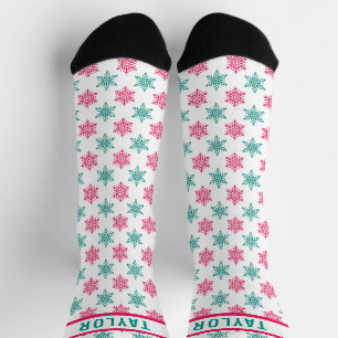 Fun Red White Green Snowflakes Pattern Custom Name Socks