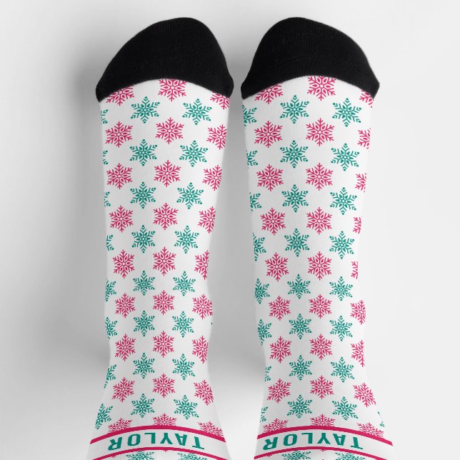 Fun Red White Green Snowflakes Pattern Custom Name Socks (Top)