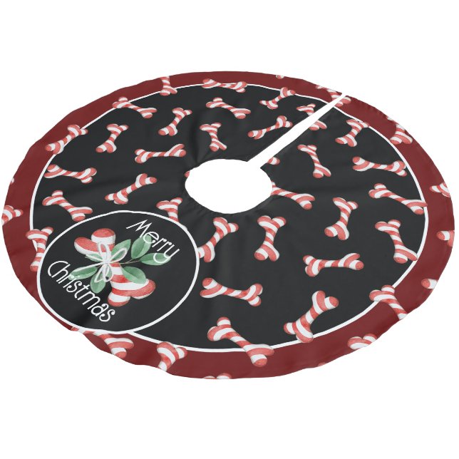 Fun Red & White Striped Dog Bone Christmas Pattern Brushed Polyester Tree Skirt (Angled)