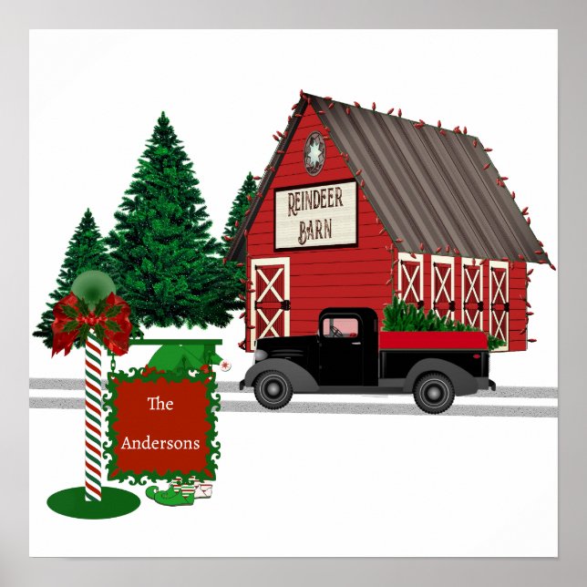 Fun Reindeer Barn w Truck and Elf Sign Print (Front)